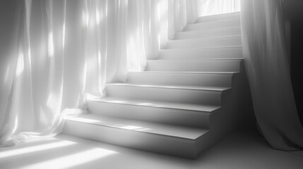 Wall Mural - White stairs, sunlight, sheer curtains, interior