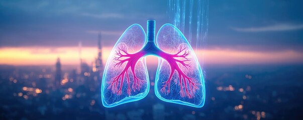 Aufkleber - Acid rain climate change idea. 3D illustration of glowing human lungs against a city skyline at sunset.