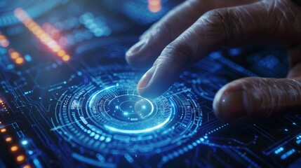 Fototapete - A hand is engaged with a glowing technological interface, where vibrant colors and intricate patterns signify advanced data visualization in a dim setting, reflecting modern innovation.