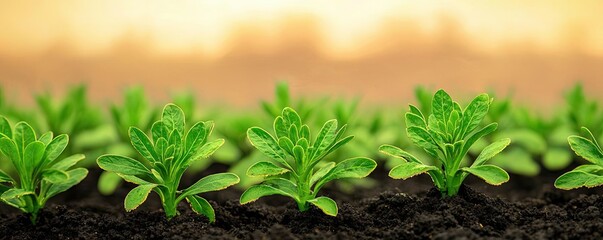 Poster - Acid rain climate change idea. Vibrant green plants emerging from rich, dark soil under a soft warm light.