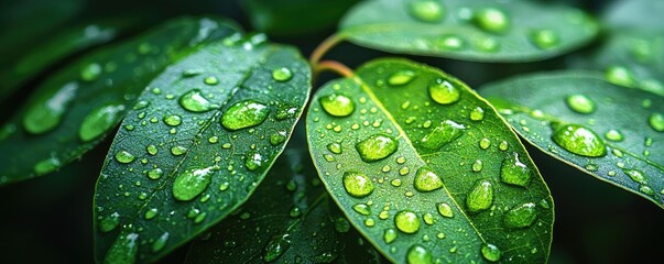 Poster - Acid rain climate change concept. Close-up of vibrant green leaves adorned with glistening water droplets after rain.