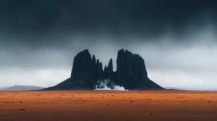 Poster - Volcanic landscapes concept. Majestic rock formation under a dramatic cloudy sky in a vast open landscape.