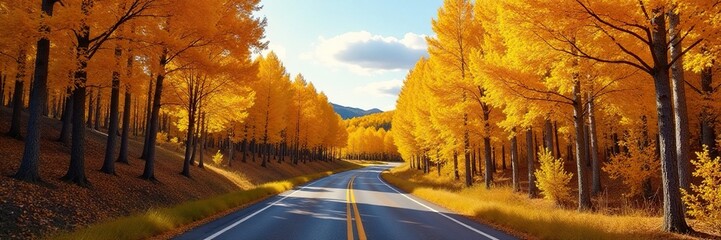 Golden aspens stretch towards the sky along a winding road, aspens, Colorado, aspens