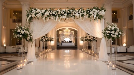 Aufkleber - Elegant wedding arch adorned with white flowers and candles in a luxurious venue setting : Generative AI