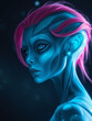 © Sergei - Portrait of an alien with pink hair and blue skin in neon lighting on a dark background