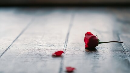 Poster - Stunning closeup of a single red rose petal resting on a wooden surface with soft natural light : Generative AI