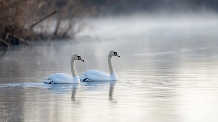 Poster - Graceful swans gliding on a tranquil lake surrounded by soft mist and beautiful nature scenery : Generative AI