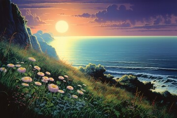 Wall Mural - Flower coast grass landscape.