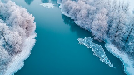 Wall Mural - Winter Wonderland A Serene Frozen River Winds Through a Snow-Covered Forest, Aerial View