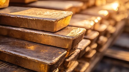 Poster - Closeup of shiny gold bars stacked neatly showcasing the luxury and investment potential in precious metals : Generative AI