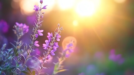 Poster - Delicate purple flowers glowing beautifully at sunset creating a serene and magical atmosphere : Generative AI