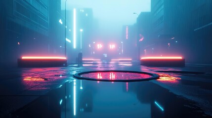 Poster - Acid rain climate change idea. Futuristic cityscape with neon lights and reflective water in a misty atmosphere.