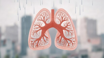Poster - Acid rain climate change concept. Stylized illustration of lungs symbolizing health and urban environmental impact.