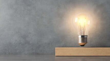 Aufkleber - Vintage light bulb glowing with warm illumination on a simple wooden base against a concrete wall : Generative AI