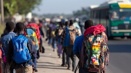 Poster - Long Line of People with Backpacks Walking Down a Busy City Street : Generative AI