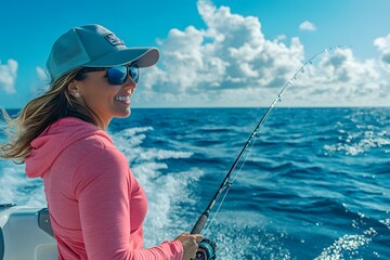 Wall Mural - a photo of an attractive, athletic woman in her late thirties wearing sunglasses and a hat, fishing 