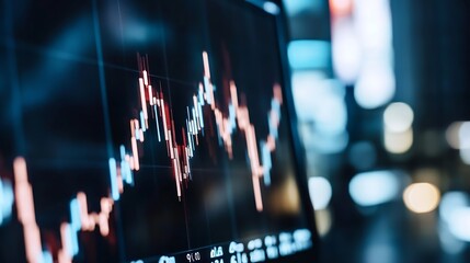 Poster - Close up view of a digital stock market graph displaying financial data trends with bright colored bars on a blurred urban background : Generative AI