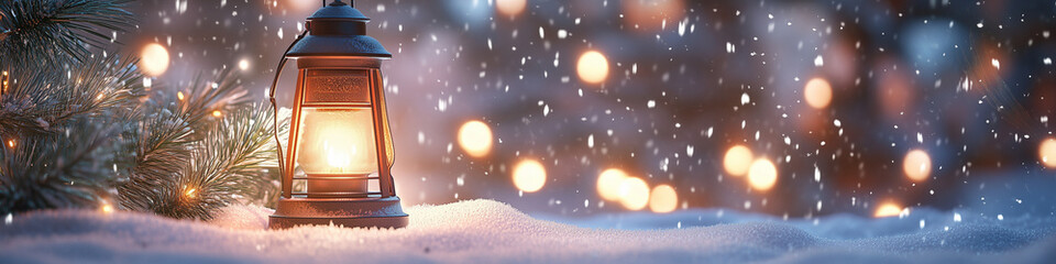 vintage lantern glowing softly snow twinkling lights falling snowflakes