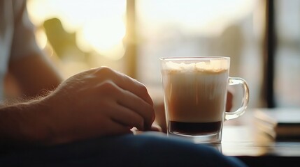 Aufkleber - Relaxed Person Enjoying a Morning Coffee in a Cozy Sunlit Environment : Generative AI
