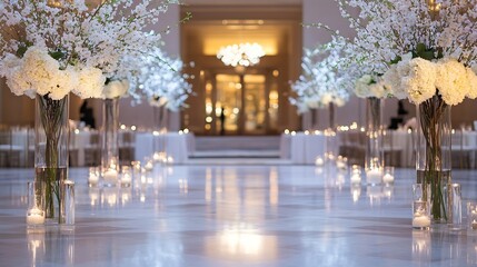 Aufkleber - Stunning floral arrangements lining an elegant wedding venue with ambient lighting : Generative AI