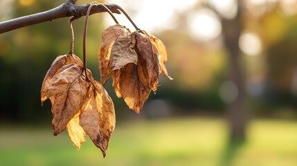 Poster - Dried autumn leaves hanging from a branch against a soft blurred background in nature : Generative AI