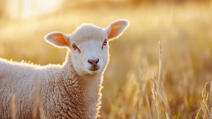 Poster - Curious sheep gazing at the camera in a golden field with soft sunlight illuminating its wool : Generative AI