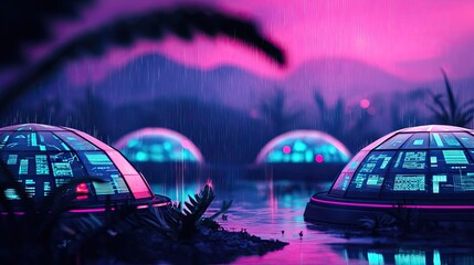 Poster - Acid rain climate change idea. Futuristic domes illuminated in vibrant colors amidst a rainy landscape at night.