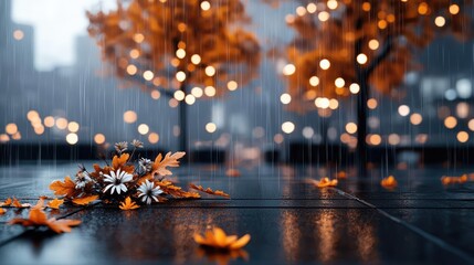 Poster - Acid rain climate change concept. Beautiful autumn leaves scattered on a wet pavement with glowing city lights in the background.