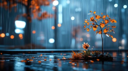 Poster - Acid rain climate change concept. A vibrant sapling and flower bloom amidst rain on a reflective surface.