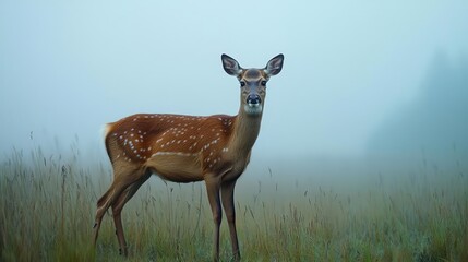 Aufkleber - Acid rain climate change idea. A serene deer standing gracefully in a foggy field, surrounded by soft green grass.