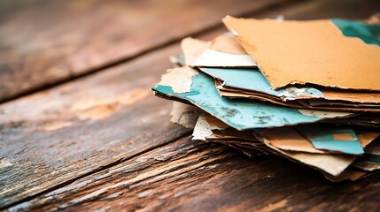 Poster - A Stack of Vintage Colored Papers on Rustic Wooden Surface for Arts and Crafts : Generative AI