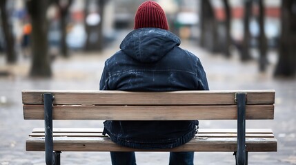 Aufkleber - Lonely Figure Sitting on a Park Bench with Warm Sweater and Beanie in Urban Park : Generative AI