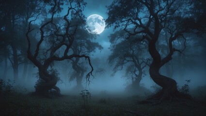 Poster - mysterious forest at night illuminated by a full moon with twisted trees shrouded in mist