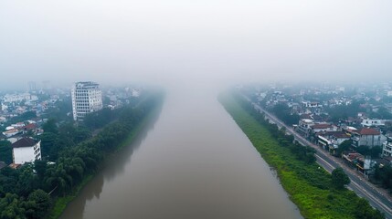 Poster - Acid rain climate change idea. A misty river view surrounded by buildings and trees in a serene environment.