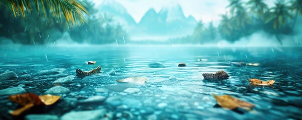 Poster - Acid rain climate change idea. Tranquil water scene with floating leaves, mountains in the background, and misty atmosphere.