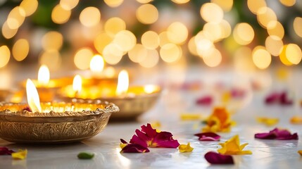 Poster - Festive arrangement of decorative oil lamps surrounded by colorful flower petals and lights : Generative AI