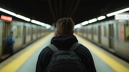 Aufkleber - Person Standing at Subway Station Platform Waiting for Train to Arrive : Generative AI