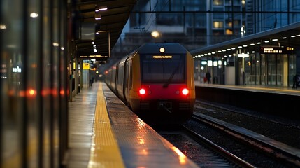 Poster - Train approaching the station during twilight highlighting a vibrant urban commute scene filled with energy : Generative AI
