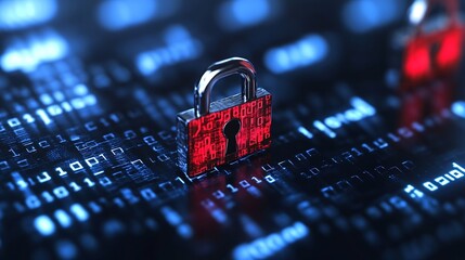 Leinwandbilder - Closeup of a digital padlock on a matrix of binary code representing data security and encryption : Generative AI