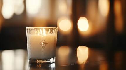 Leinwandbilder - Beautifully lit scented candle in a glass holder creating a cozy and inviting atmosphere in a room : Generative AI