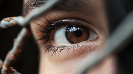 Aufkleber - Close up view of a brown eye reflecting light through a metal fence showing deep emotions : Generative AI