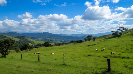 Poster - Vast green pasture with cows grazing under a blue sky and fluffy clouds in a serene landscape : Generative AI