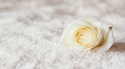 Poster - A single white rose lying on a plush white surface evoking a sense of purity and beauty : Generative AI