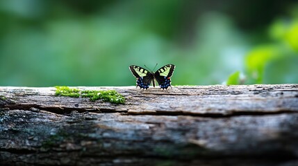 Aufkleber - Colorful Butterfly Resting on a Wooden Log Surrounded by Green Foliage : Generative AI