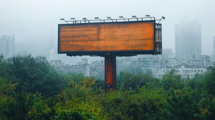 Poster - Acid rain climate change concept. A vacant billboard stands tall amidst a foggy urban backdrop, nature reclaiming the view.
