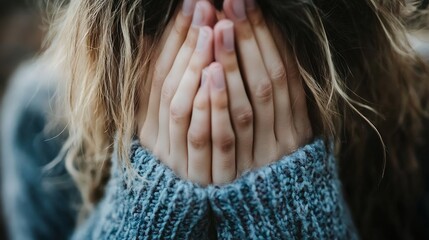 Poster - Emotional close up of a woman hiding her face suggesting feelings of stress and vulnerability : Generative AI