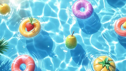 Fruit inflatable floating ring floating on blue water in swimming pool,top view of surround with tiles mosaic floor,summer season.