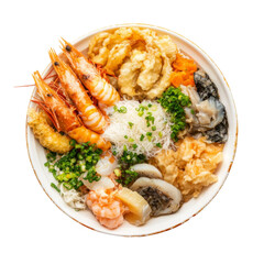 Wall Mural - Delicious seafood bowl featuring shrimp, tempura, and fresh vegetables, garnished with green onions. vibrant and appetizing dish perfect for seafood lovers