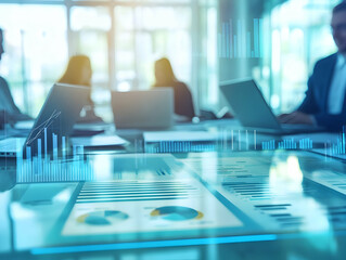Poster - Business professionals collaborating in a modern office with data visualizations