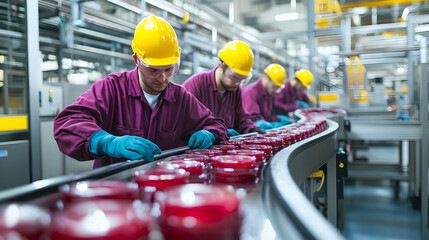 Poster - Workers in safety gear inspecting jars on a production line in a factory